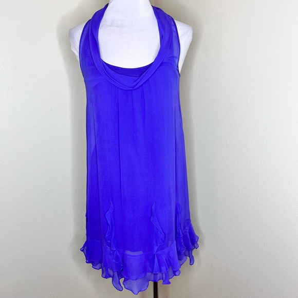 Ella Moss Dress MEDIUM Purple Drape 100% Silk Knee Length Ruffle Hem Racerback - Picture 1 of 9
